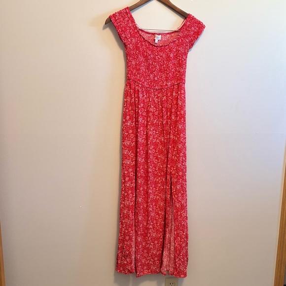 APRICOT Floral Flowy Lightweight Cap Sleeve Slit Maxi Sundress Dress Red White - Picture 2 of 11